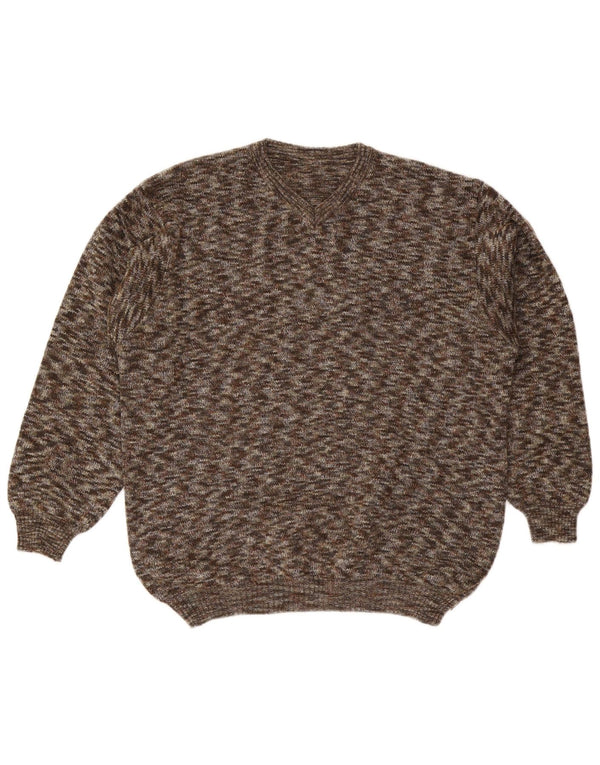 Męski sweter w stylu VINTAGE z dekoltem w szpic, duży, brązowy, wełniany w cętki