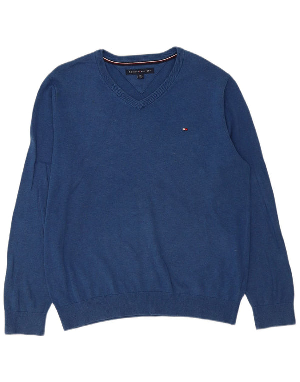 Męski sweter Tommy Hilfiger z dekoltem w kształcie litery V, duży, niebieski, bawełniany