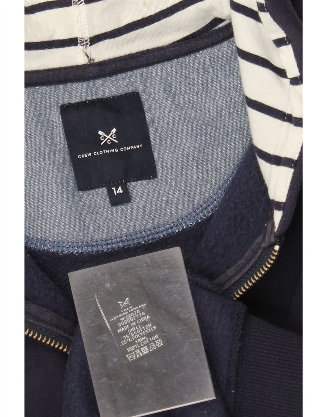 CREW CLOTHING Damski sweter z kapturem i zamkiem UK 14, duży, granatowy, bawełniany