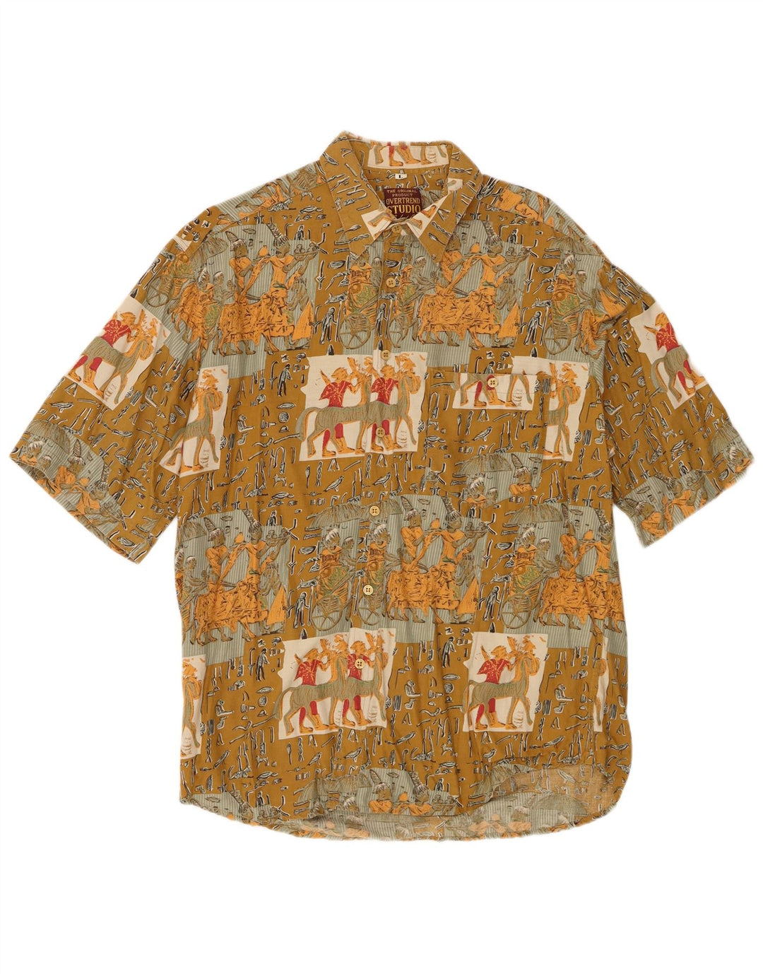 Męska koszula z krótkim rękawem w stylu vintage, duża, patchworkowa wiskoza w kolorze khaki