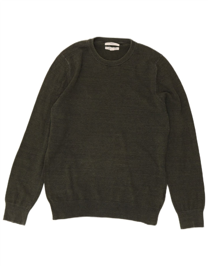 Marks & Spencer Męski sweter z okrągłym dekoltem, mały, bawełniany khaki