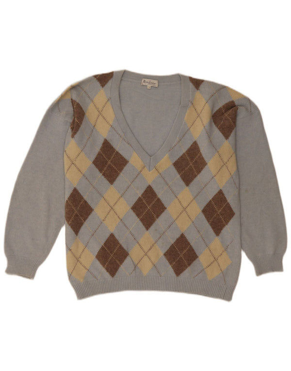 Vintage Womens V-Neck Jumper Sweater UK 18 XL Blue Argyle/Diamond