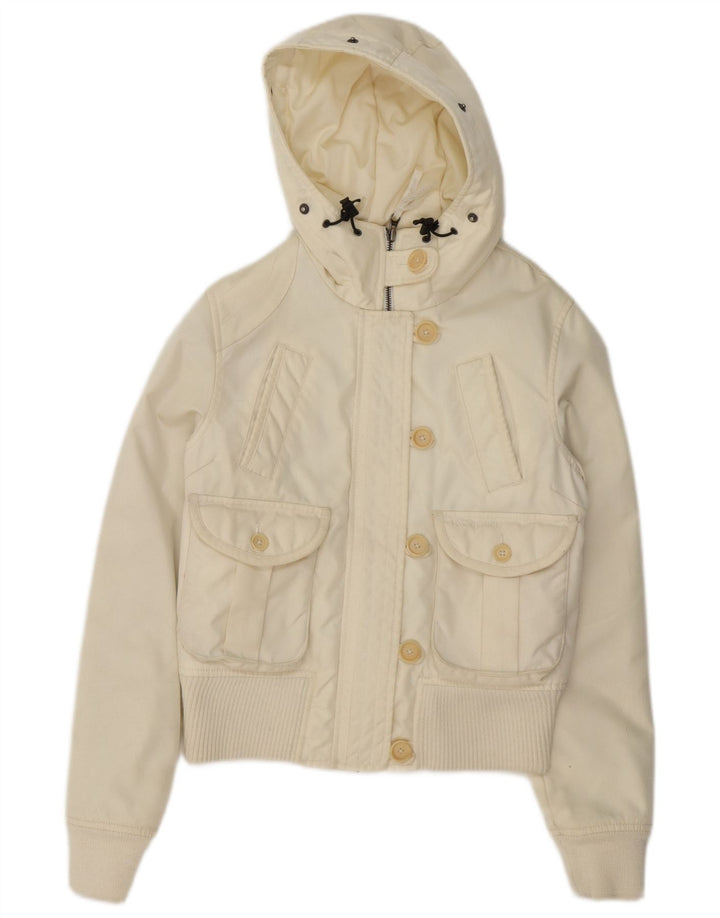 Damska wyściełana kurtka bomber z kapturem Woolrich UK 14, średni złamany biały nylon