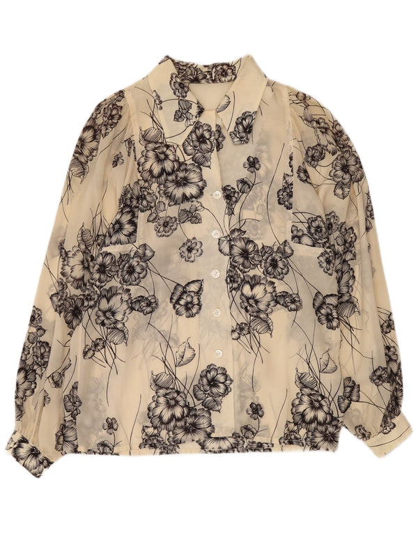 Damska bluzka koszulowa w stylu vintage, prześwitująca UK 12, średnia, w kolorze złamanej bieli, w kwiaty