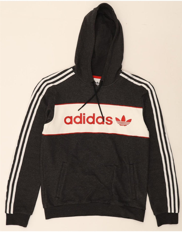 ADIDAS Mens Graphic Hoodie Jumper Small Grey Colourblock Vintage Adidas and Second-Hand Adidas from Messina Hembry 
