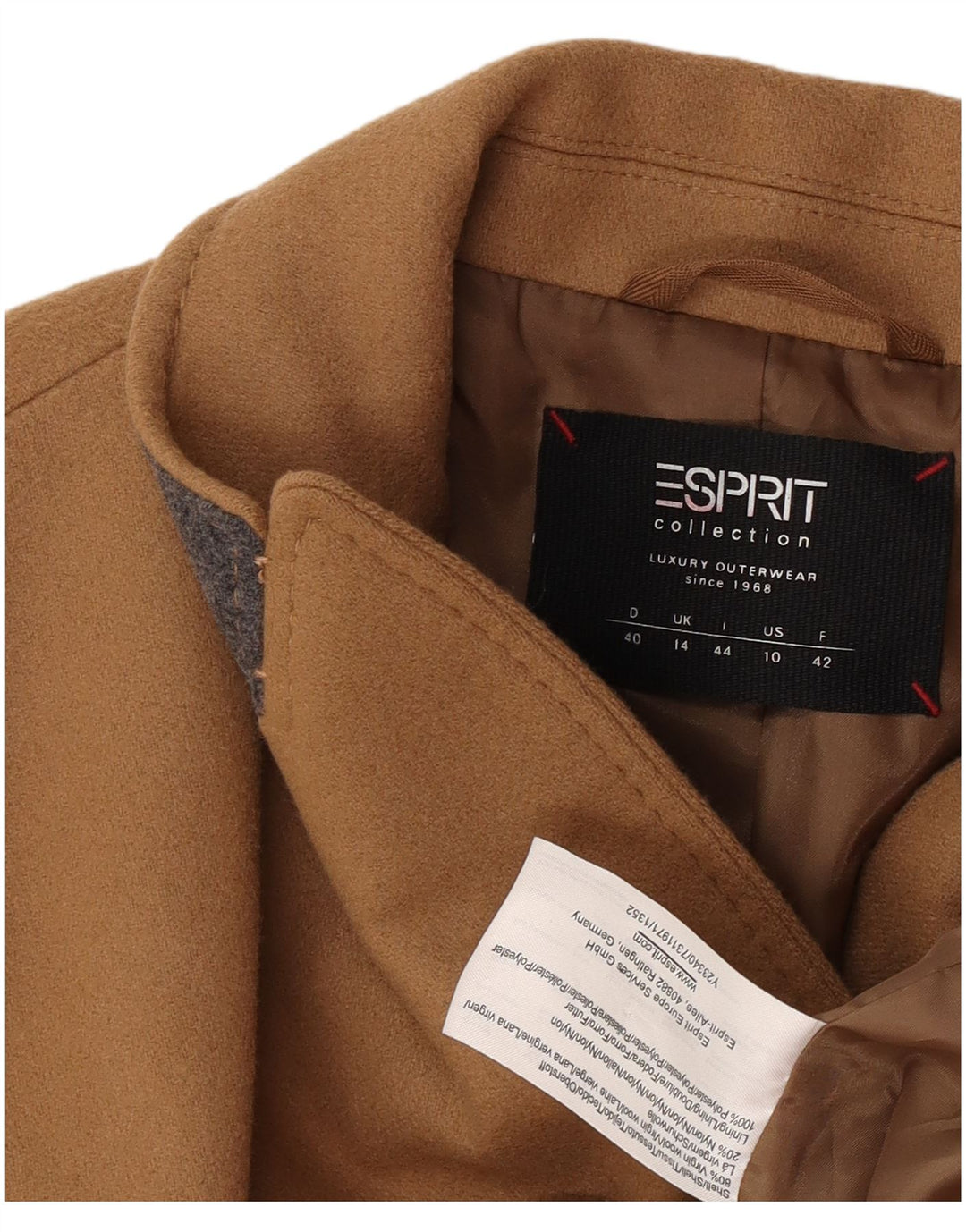 Płaszcz damski Esprit UK 14, duży, beżowy, z dziewiczej wełny