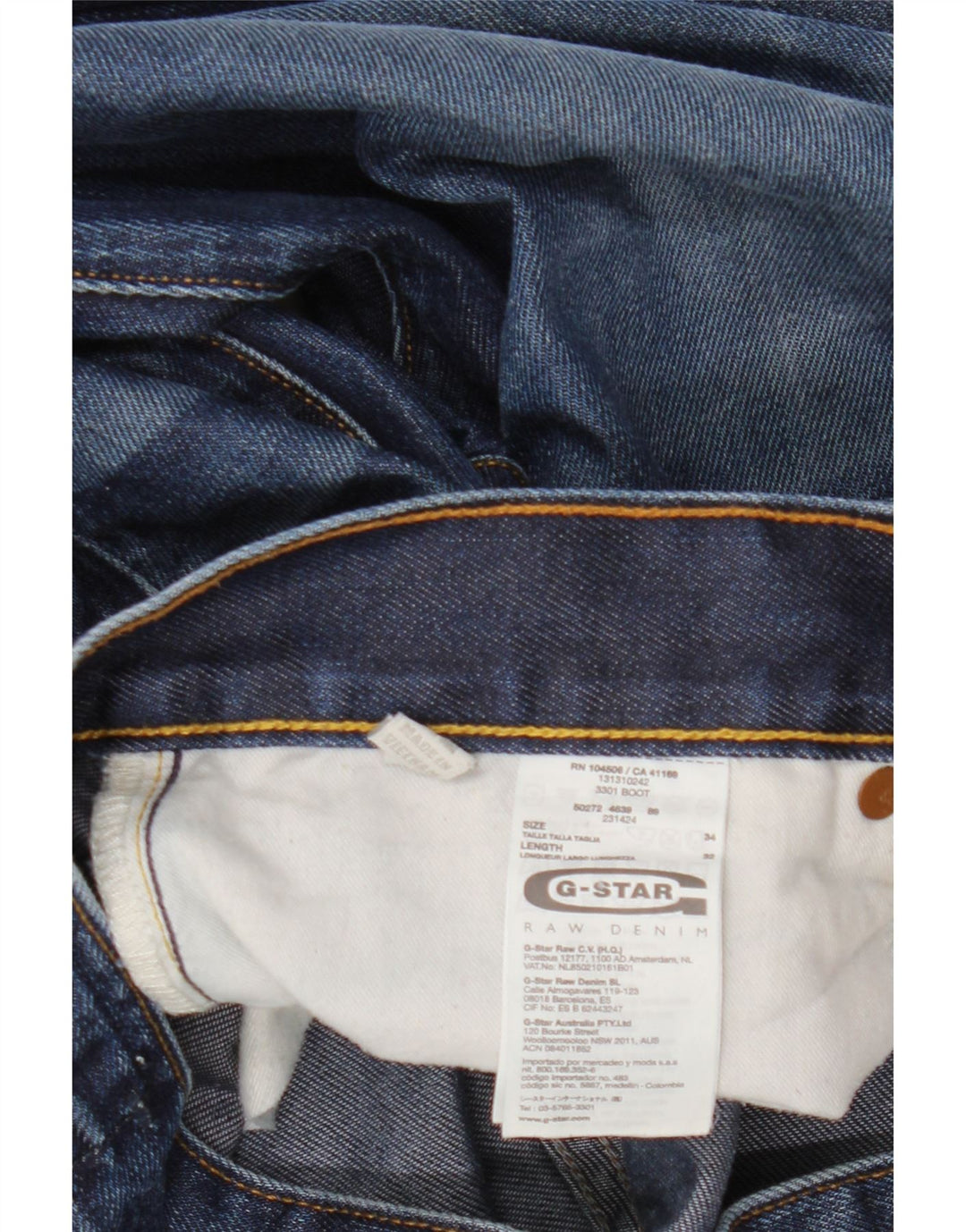 Męskie jeansy Bootcut G-Star 3301 W34 L32 Niebieska bawełna