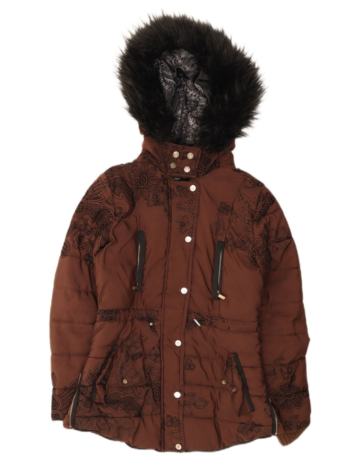 Damska kurtka Desigual z kapturem, oversize, wyściełana EU 36, mała, brązowa, w kwiaty