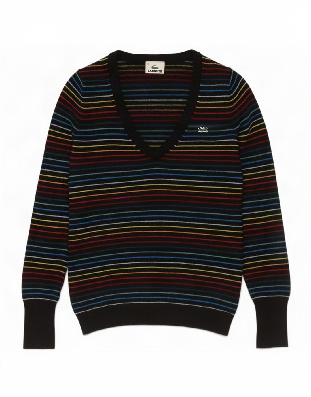 Damski sweter Lacoste z dekoltem w kształcie litery V, rozmiar 38, średnie, wielokolorowe paski