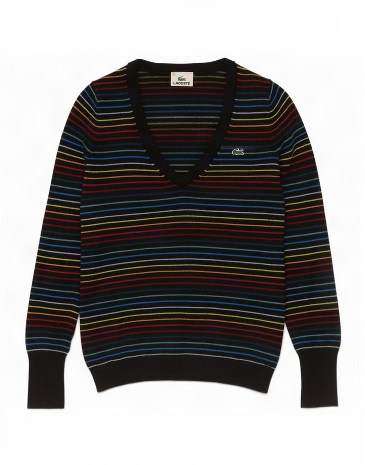 Damski sweter Lacoste z dekoltem w kształcie litery V, rozmiar 38, średnie, wielokolorowe paski