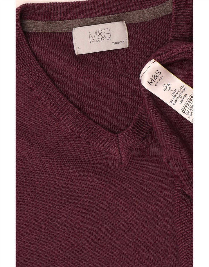 Marks & Spencer Męski sweter o regularnym kroju z dekoltem w kształcie litery V, duży, bordowy
