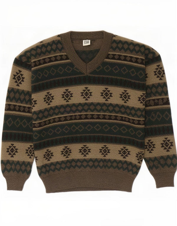 Męski sweter w stylu vintage, z dekoltem w kształcie litery V, duży, khaki, Fair Isle, akryl