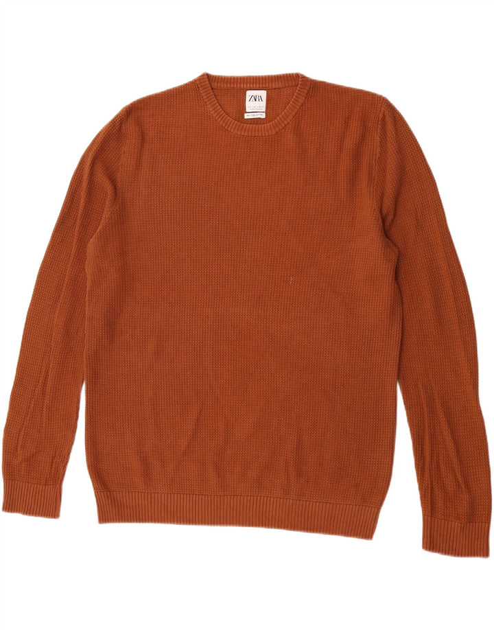 Męski sweter Zara z okrągłym dekoltem, duży, brązowy, bawełniany