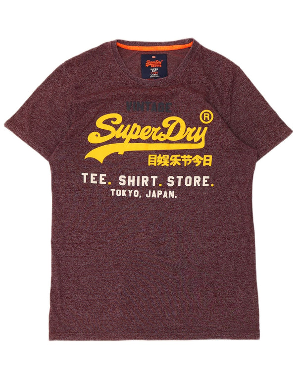 SUPERDRY Męski T-shirt z grafiką, duży, bordowy, bawełniany w prążki