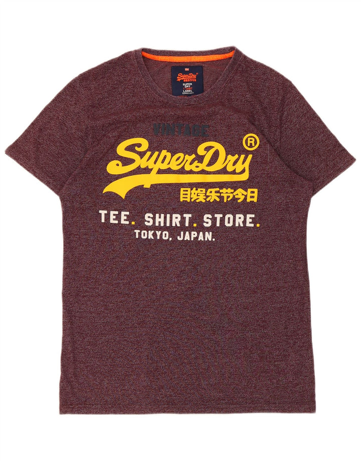 SUPERDRY Męski T-shirt z grafiką, duży, bordowy, bawełniany w prążki