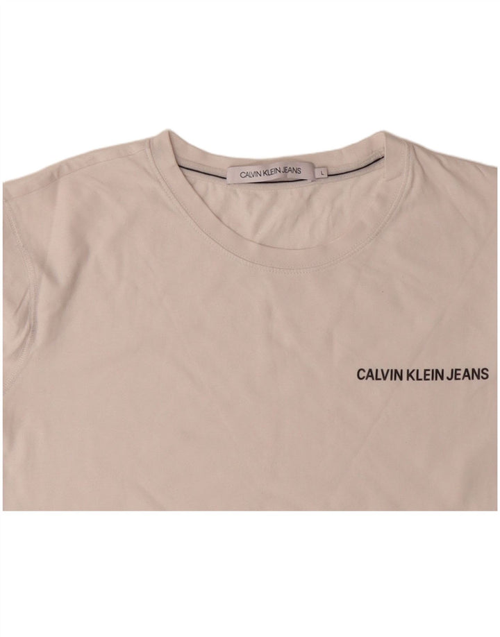 Męski top z grafiką CALVIN KLEIN z długim rękawem, UK 16, duży, złamanej bieli, bawełniany