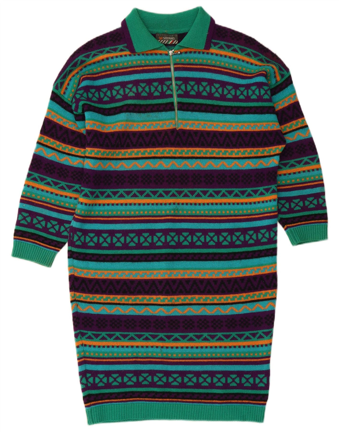 STEFANEL Damska dzianinowa sukienka polo z długim rękawem UK 14 Średni zielony geometryczny