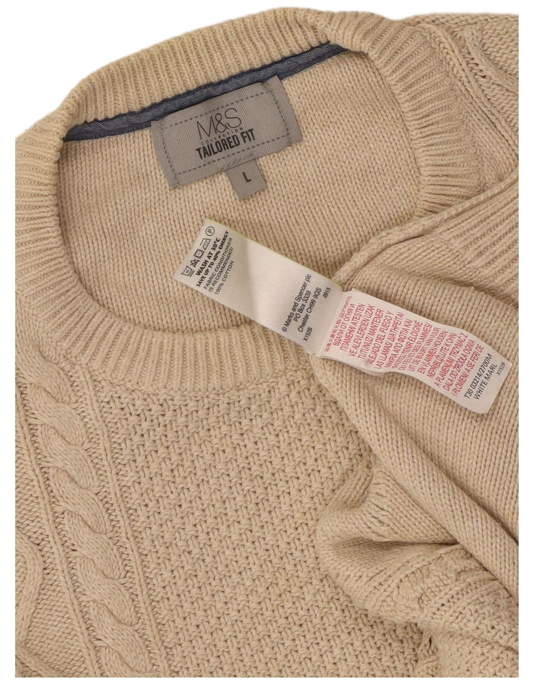 Marks & Spencer Męski sweter o dopasowanym kroju z okrągłym dekoltem, duży, beżowy