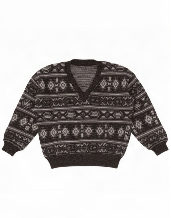 Vintage męski sweter z dekoltem w kształcie litery V, duży, szary Fair Isle