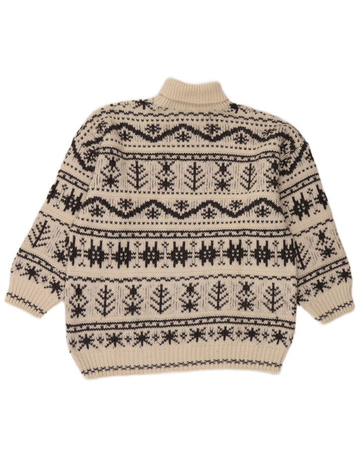 Vintage męski sweter z golfem, średni, złamany biały, akryl Fair Isle
