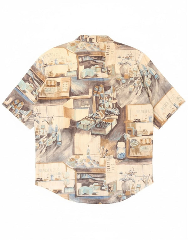 Męska koszula z krótkim rękawem Benetton z grafiką XL, beżowa, patchworkowa, bawełniana