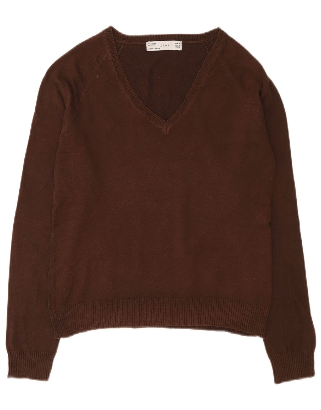Sweter damski Zara z dekoltem w kształcie litery V, UK 12, średni brązowy, bawełniany