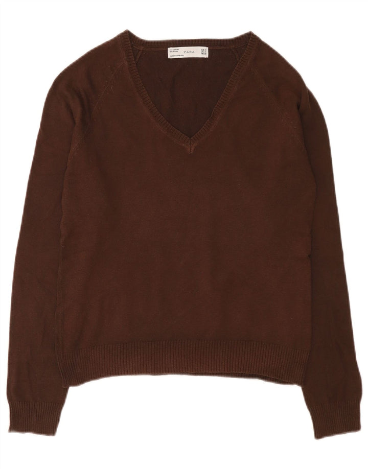 Sweter damski Zara z dekoltem w kształcie litery V, UK 12, średni brązowy, bawełniany