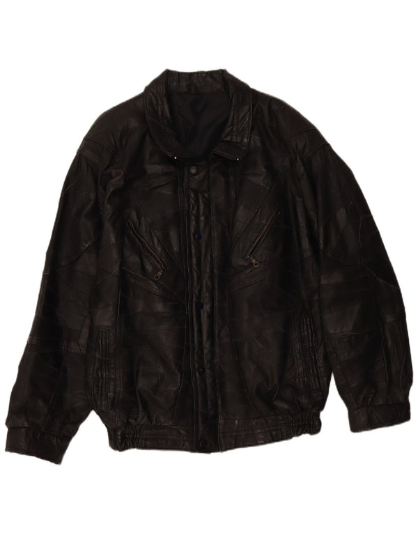 Vintage męska skórzana kurtka UK 40, duża czarna patchworkowa