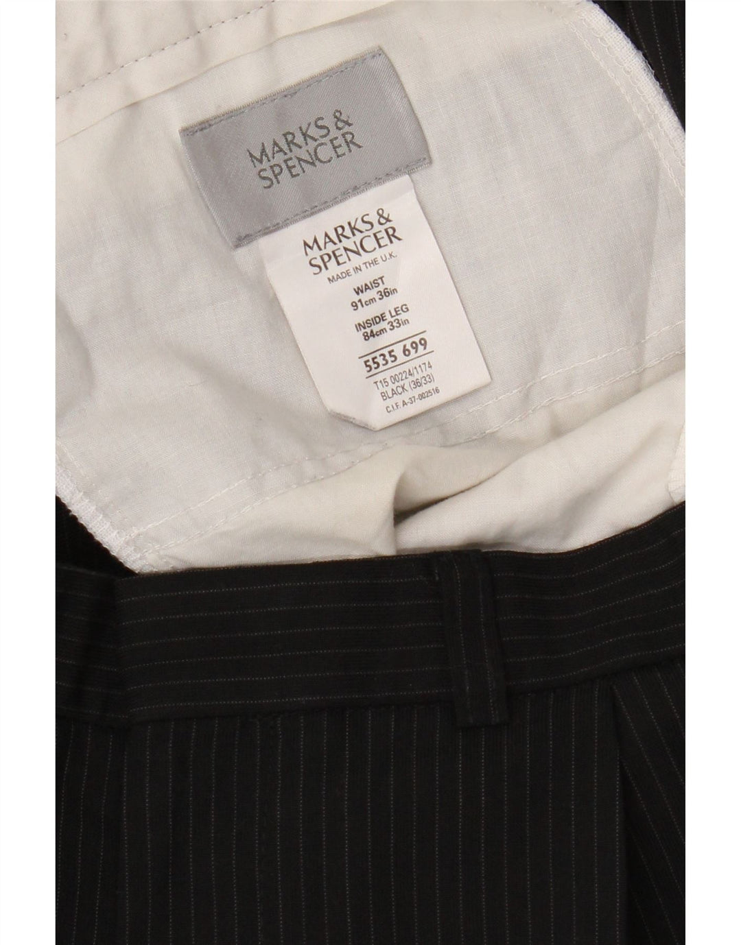 Męskie spodnie garniturowe Marks & Spencer W36 L33, czarny, prążkowany poliester