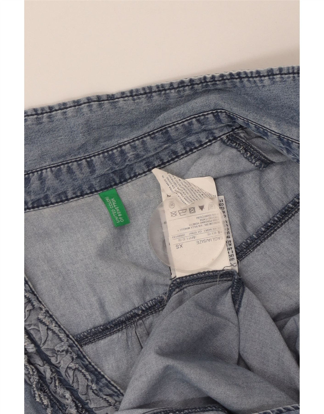 BENETTON Damska oversize'owa sukienka dżinsowa z falbaną z przodu UK 6 XS, niebieska bawełna