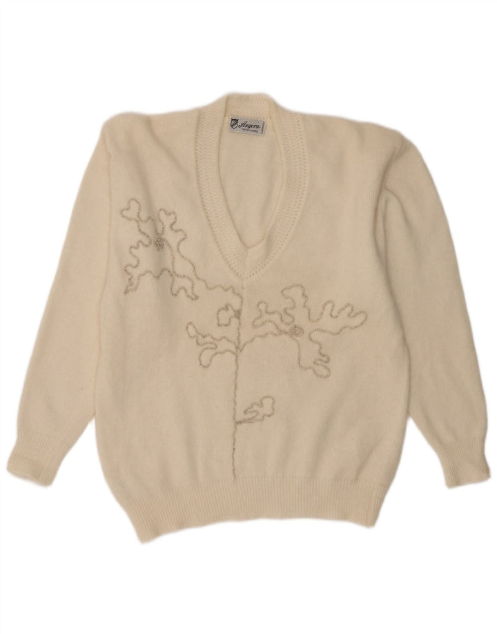 Sweter damski w stylu vintage z abstrakcyjnym wzorem i dekoltem w szpic UK 16, duży biały