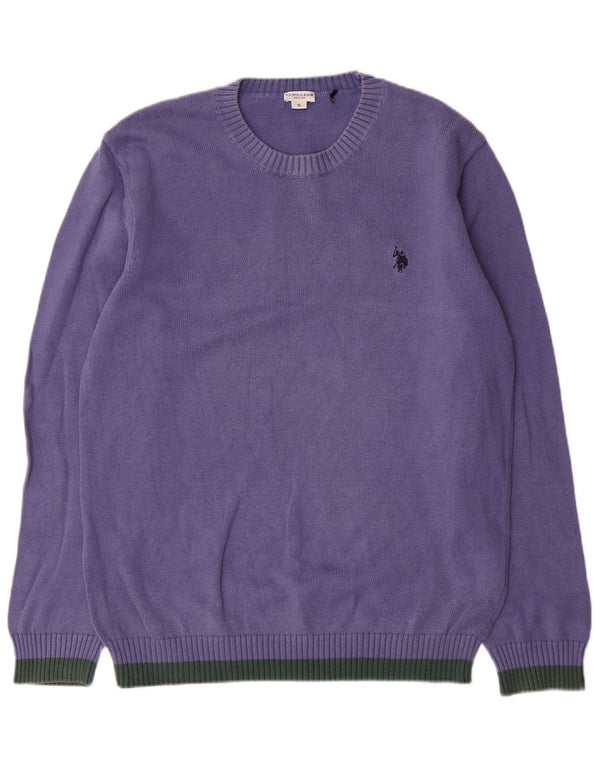 US Polo Assn. Męski sweter z okrągłym dekoltem XL, fioletowa, bawełniana w bloki kolorów