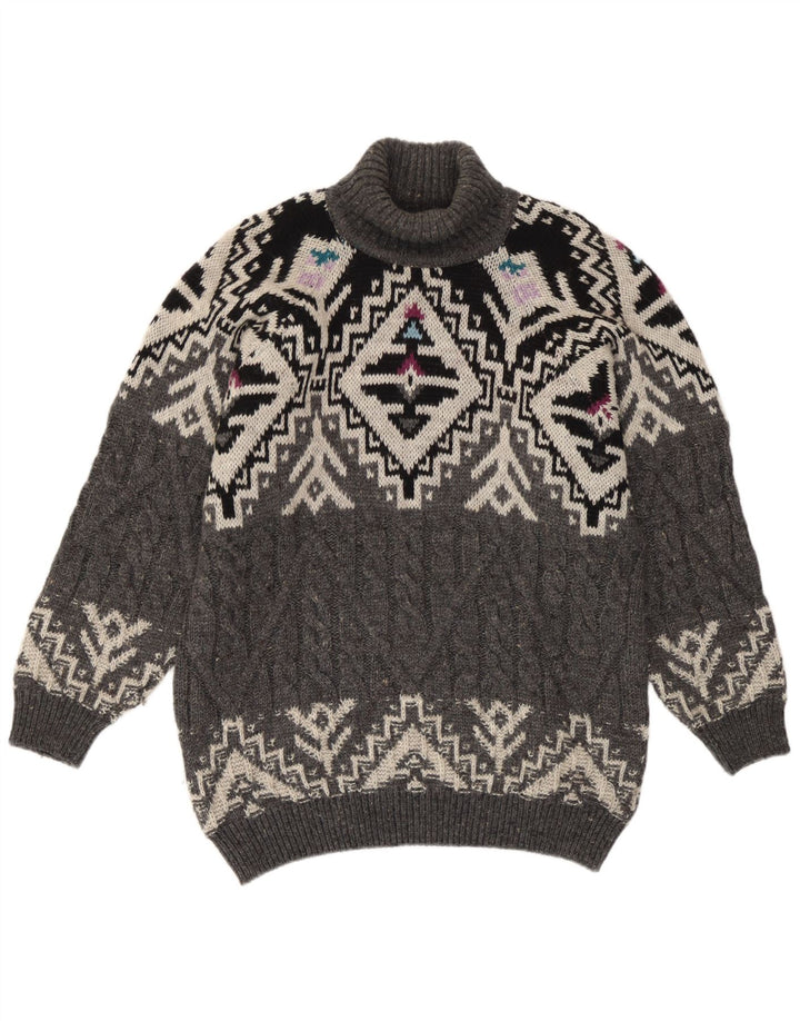 Sweter damski w stylu vintage z golfem UK 14 Średni szary Fair Isle Wool