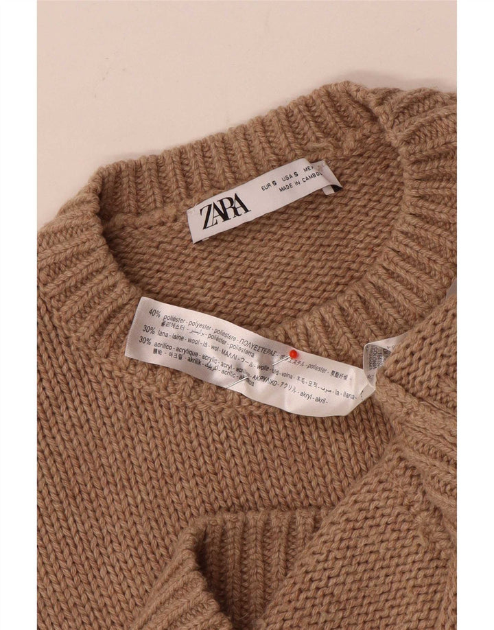 Damski sweter oversize Zara z okrągłym dekoltem, UK 10, mały, brązowy poliester