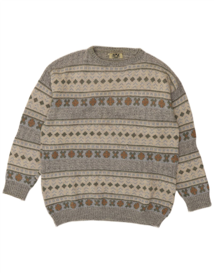 Vintage męski sweter z okrągłym dekoltem, średnio szary, geometryczny