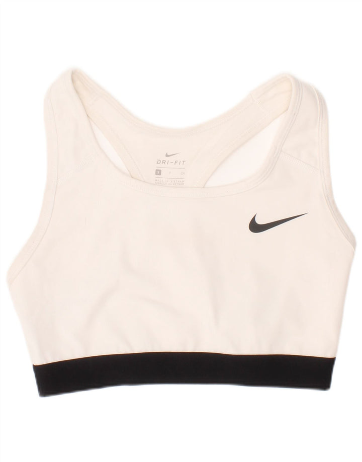 Damski top sportowy z biustonoszem Nike Dri Fit, mały, biały, poliestrowy