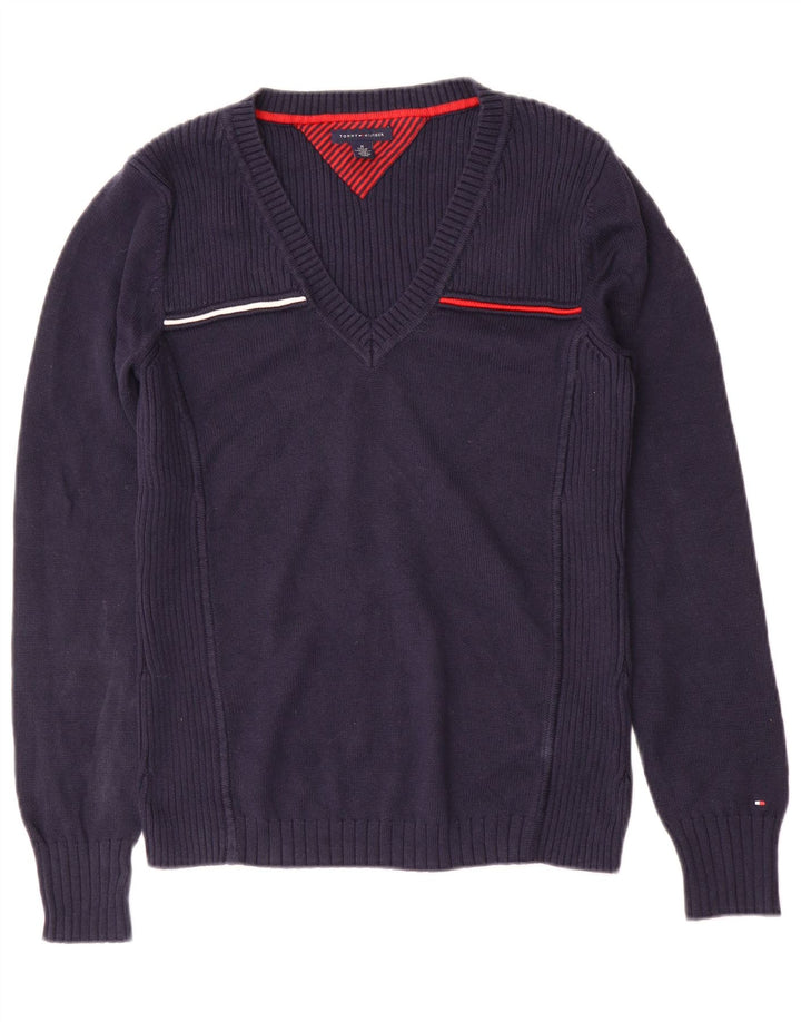Damski sweter Tommy Hilfiger z dekoltem w kształcie litery V, UK 12, średni granatowy, bawełniany