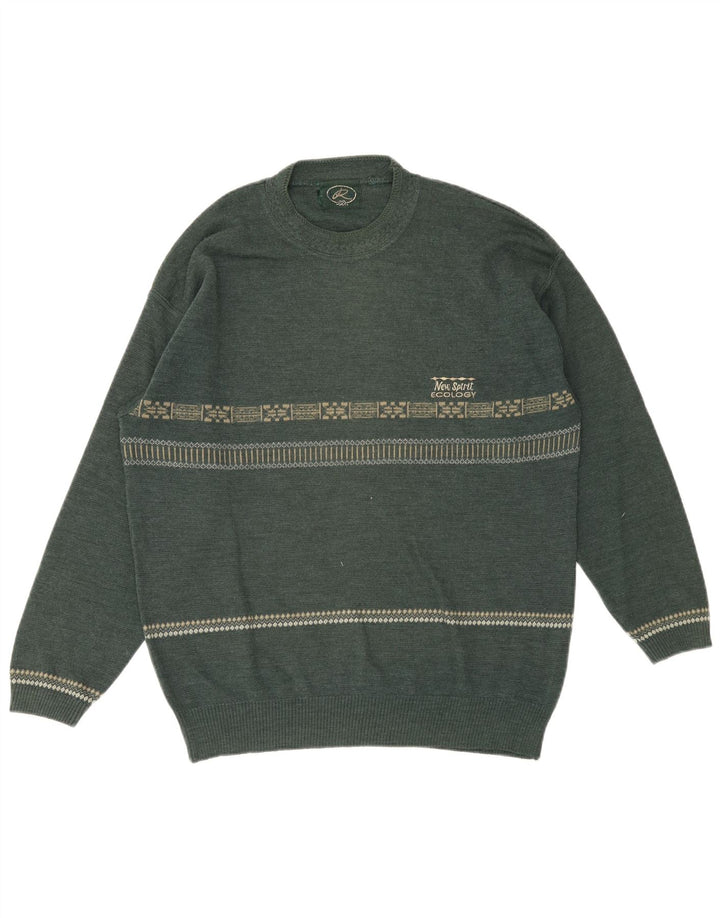 Męski sweter z okrągłym dekoltem w stylu vintage, średnio zielona, geometryczna wełna