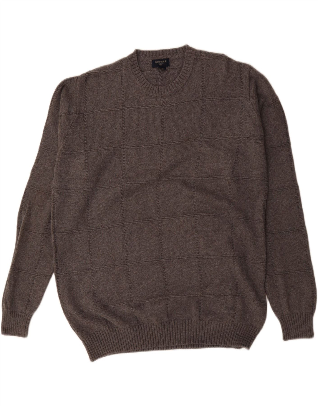 Męski sweter z okrągłym dekoltem Dockers, duży, szary, bawełniany w kratkę