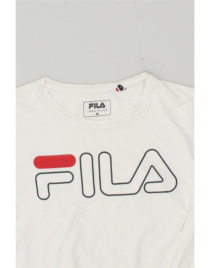 FILA Womens Crop Graphic T-Shirt Top UK 14 Medium White | Vintage Fila | Thrift | Second-Hand Fila | Used Clothing | Messina Hembry 