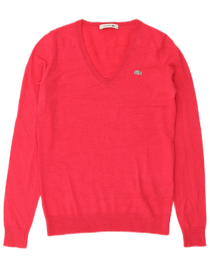 Lacoste Damski sweter z dekoltem w kształcie litery V, rozmiar 36, mała, czerwona wełna merynosów