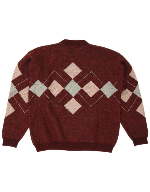 Vintage męski sweter z okrągłym dekoltem, duży bordowy Argyle/diament