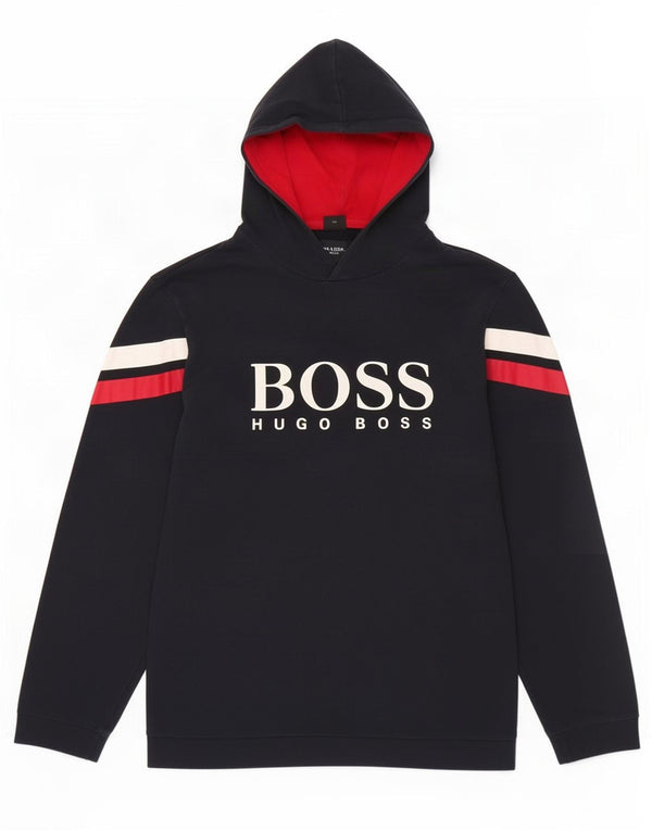 Męski sweter z kapturem i grafiką Hugo Boss 2XL, granatowy, bawełniany z blokami kolorów