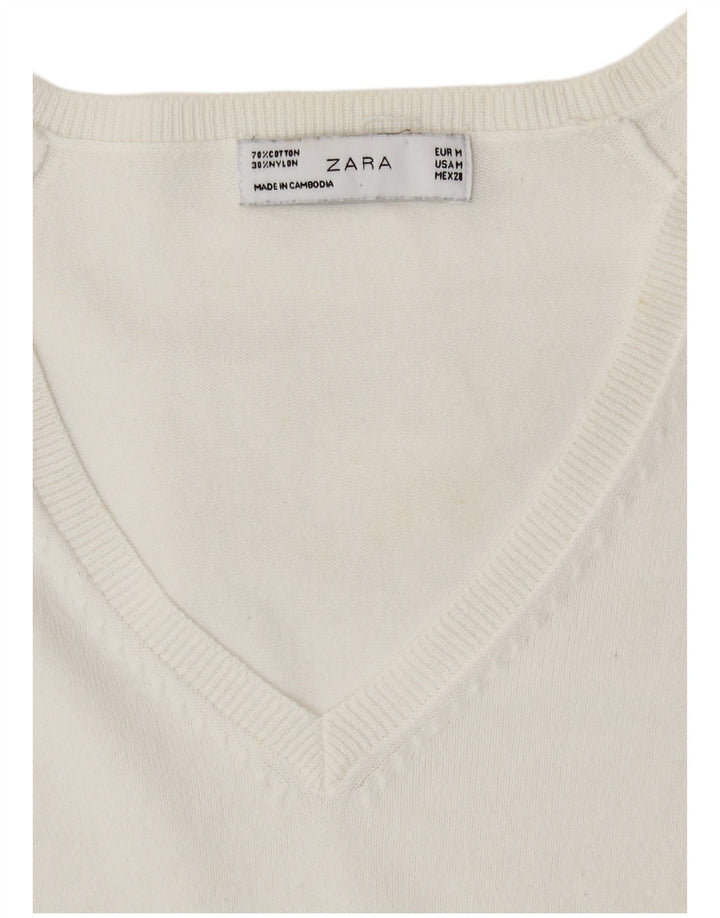 ZARA Womens V-Neck Jumper Sweater UK 12 Medium White Cotton