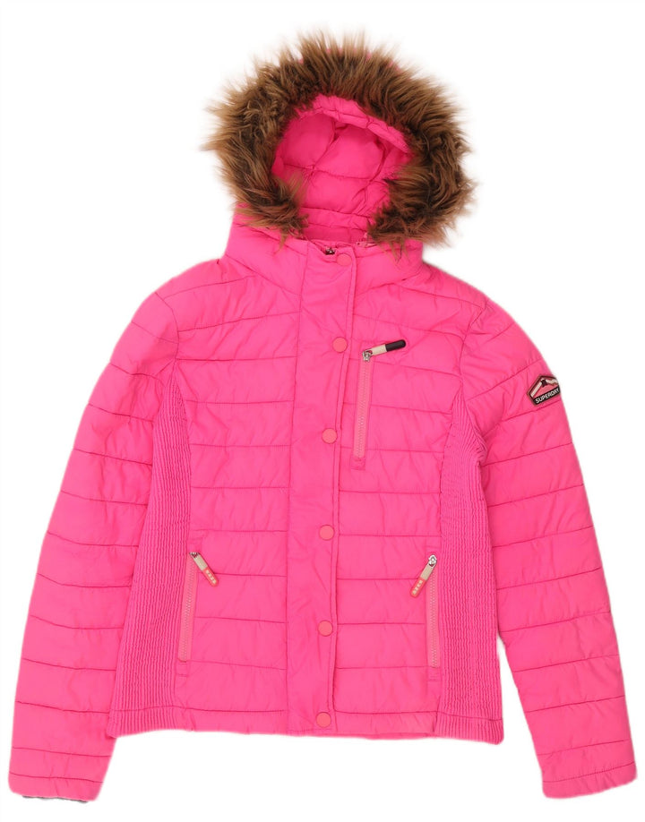 Damska ocieplana kurtka z kapturem Superdry UK 14, duża, różowa, poliester