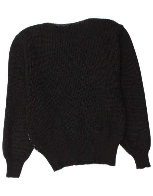 Sweter damski w stylu vintage z dekoltem w łódkę UK 12, średni czarny w kwiaty