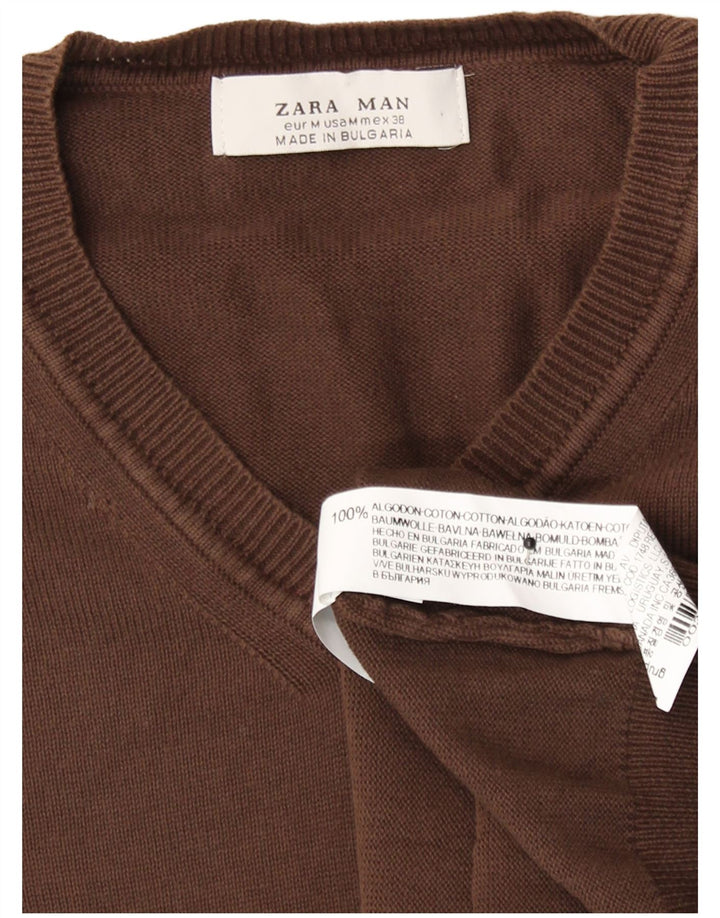 Męski sweter Zara z dekoltem w kształcie litery V, średniobrązowy, bawełniany