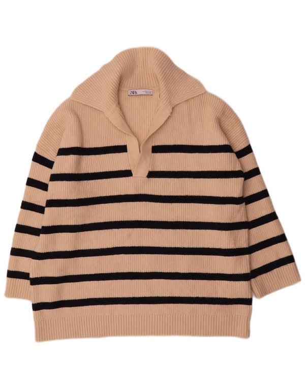 Damski sweter oversize Zara z golfem UK 16 w duże beżowe paski