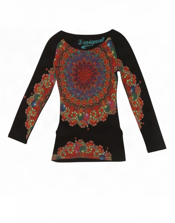 Damski graficzny top Desigual z długim rękawem, UK 8, mały, czarny paisley