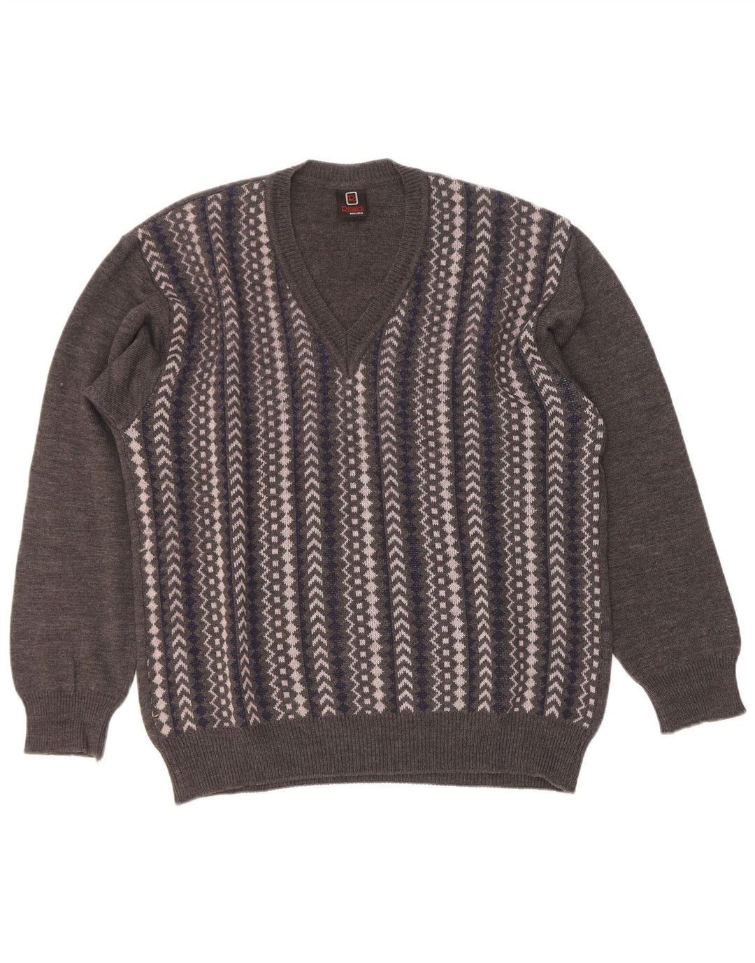Męski sweter z dekoltem w serek Rinaldi Średni szary, geometryczny wełniany